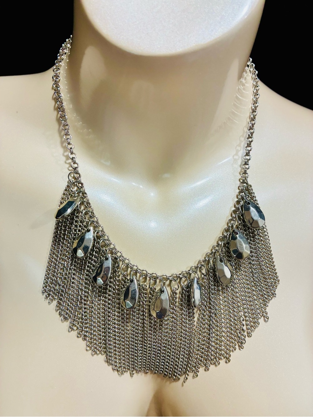 Silver Fringe Teardrop Statement Necklace - Women’s Fashion Jewelry
